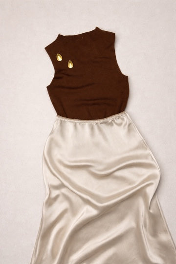 Falda Satinada Midi Beige