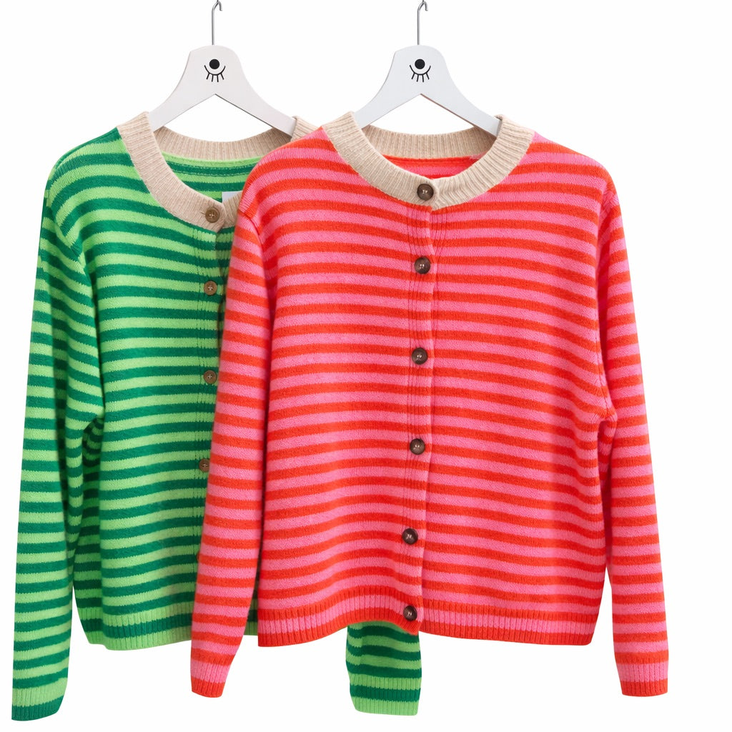 Cárdigan de Punto a Rayas Rojo y Rosa