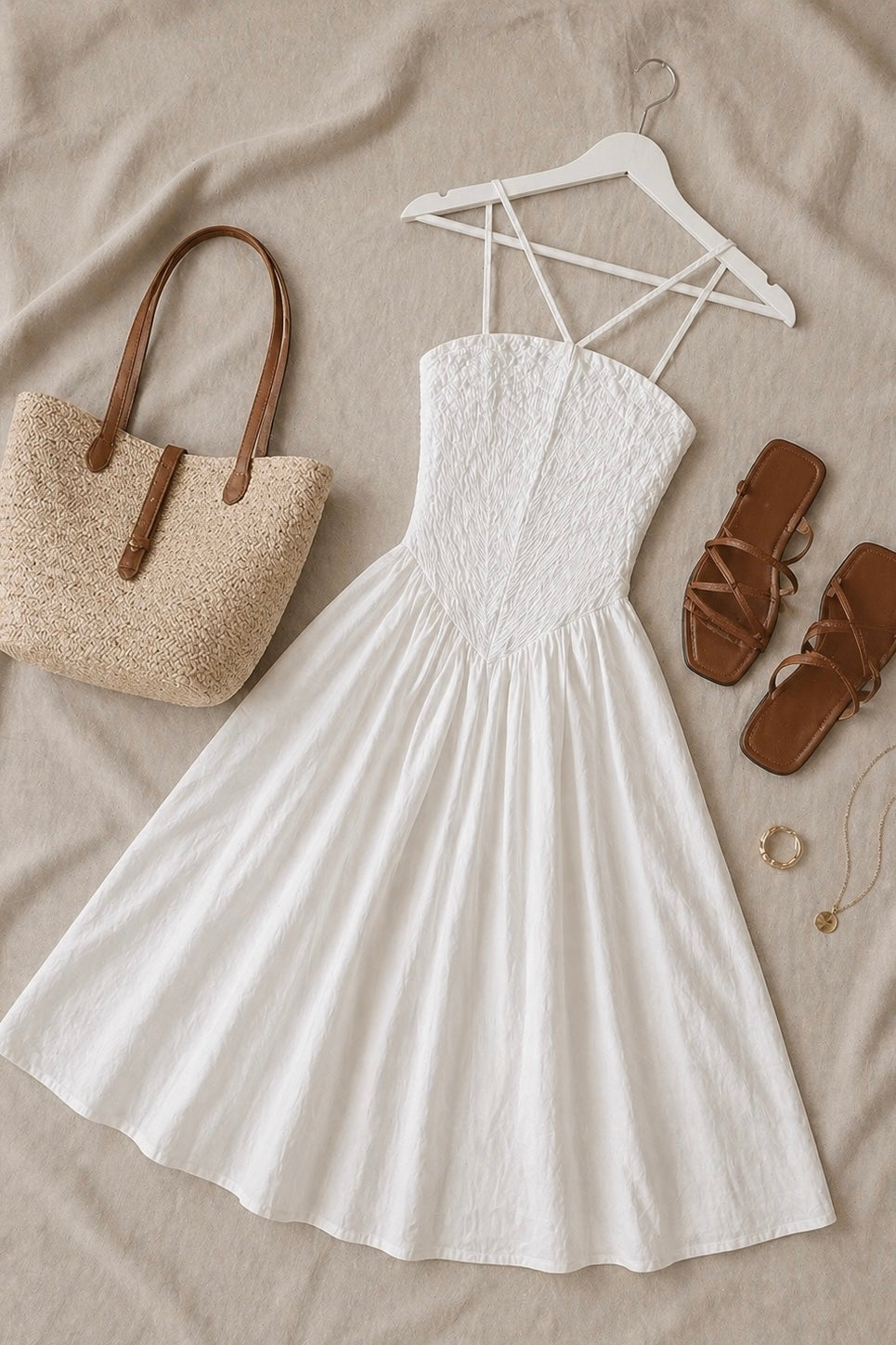 Vestido de algodón blanco midi con tirantes y cuerpo fruncido – estilo romántico elegante
