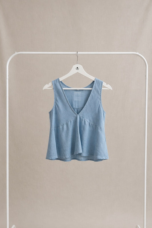 Top de Lino Estilo Minimalista con Escote en V Azul