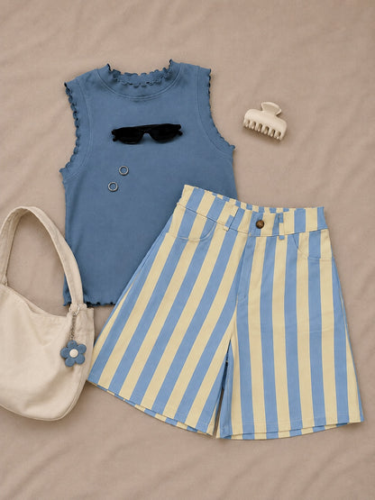 Pantalón Corto de Rayas Retro Azul y Amarillo | Short Verano Casual