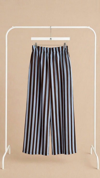 Pantalón de algodón a rayas de pierna ancha azul y marrón