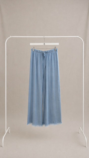 Pantalón de Lino Ancho y Fluido Azul