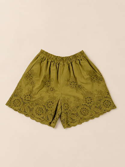 Shorts de algodón con bordado floral y cintura elástica – estilo boho