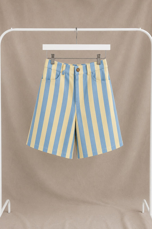 Pantalón Corto de Rayas Retro Azul y Amarillo | Short Verano Casual