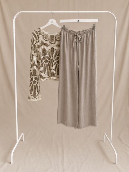 Pantalón de Lino Ancho y Fluido Gris