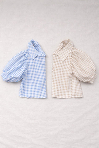 Blusa Transparente Texturizada con Cuadros Vichy Azul