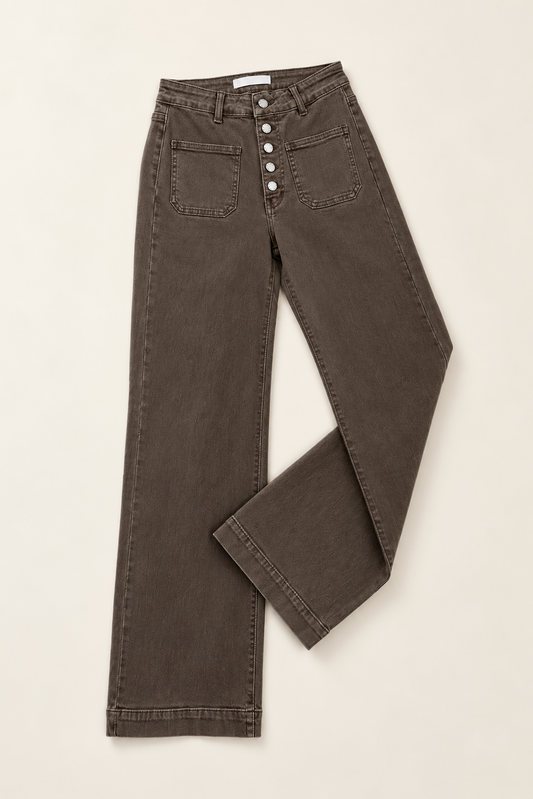 Pantalón vaquero marrón de tiro alto para mujer con botones