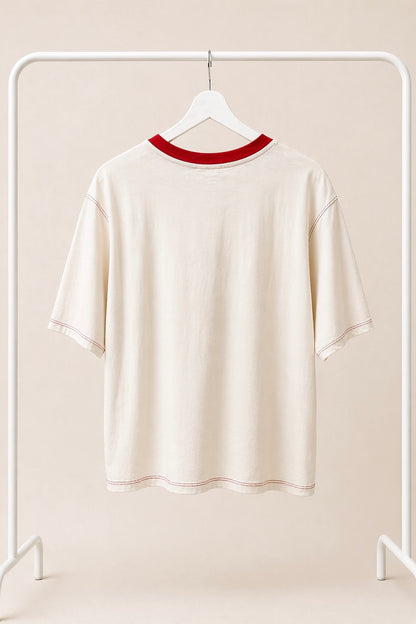 Camiseta de algodón con diseño de unicornio roja y beige