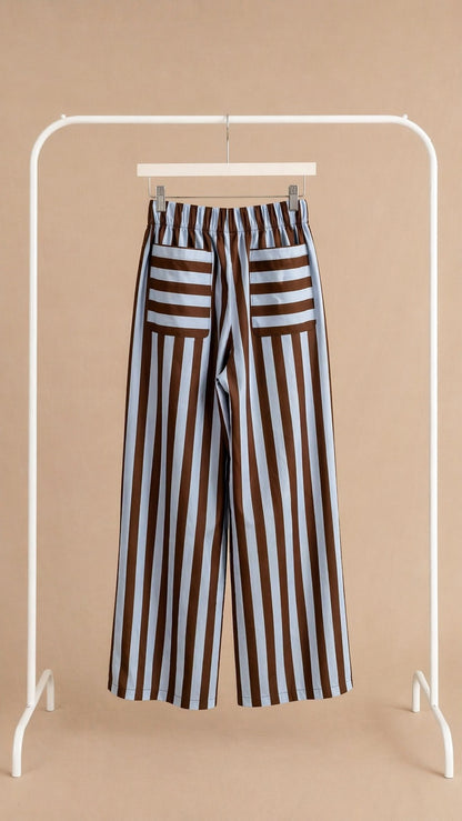 Pantalón de algodón a rayas de pierna ancha azul y marrón