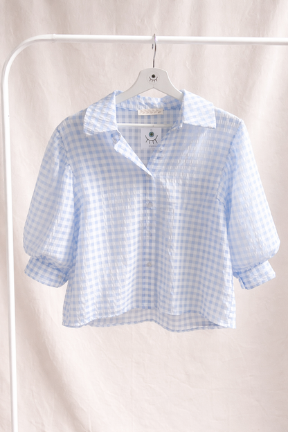Blusa Transparente Texturizada con Cuadros Vichy Azul