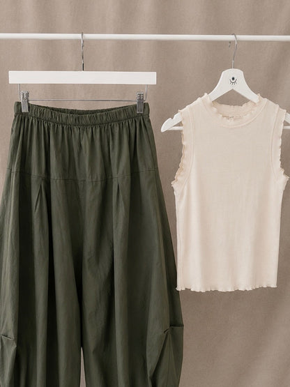 Pantalón bombacho verde de algodón – cintura elástica y bajo ajustado cómodo