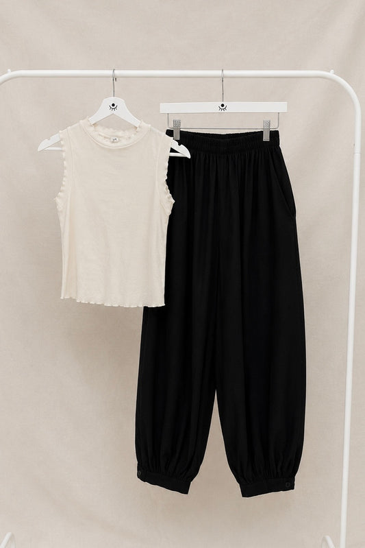 Pantalón bombacho negro de algodón – cintura elástica y bajo ajustado cómodo