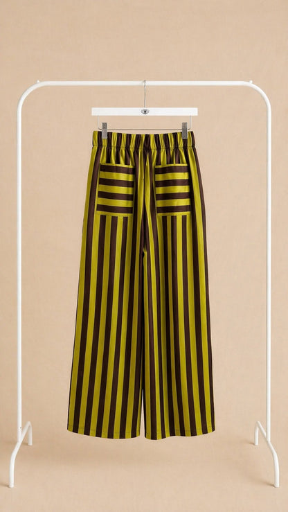 Pantalón de algodón a rayas de pierna ancha verde y marrón