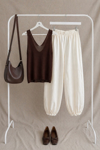 Pantalón bombacho blanco de algodón – cintura elástica y bajo ajustado cómodo