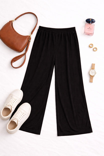 Pantalón negro fluido de pierna ancha – cintura elástica cómoda