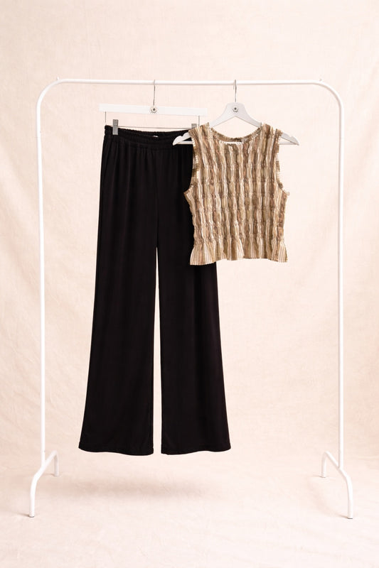 Pantalón negro fluido de pierna ancha – cintura elástica cómoda