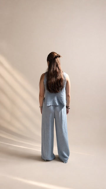 Pantalón de Lino Ancho y Fluido Azul