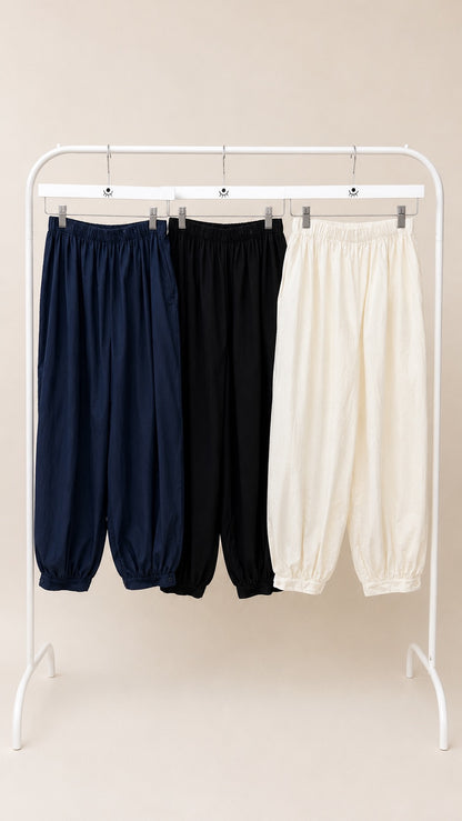 Pantalón bombacho negro de algodón – cintura elástica y bajo ajustado cómodo