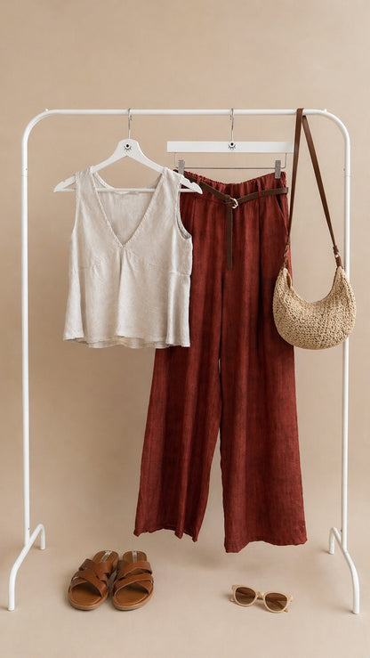 Top de Lino Estilo Minimalista con Escote en V Beige