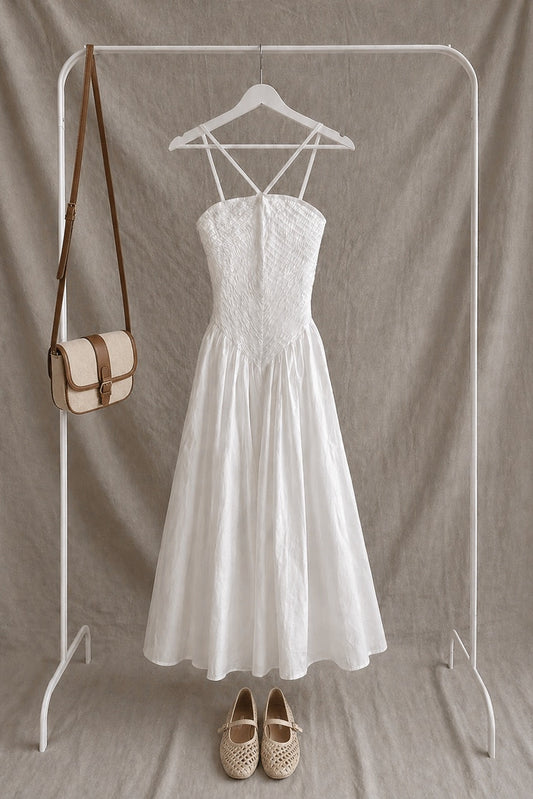 Vestido de algodón blanco midi con tirantes y cuerpo fruncido – estilo romántico elegante