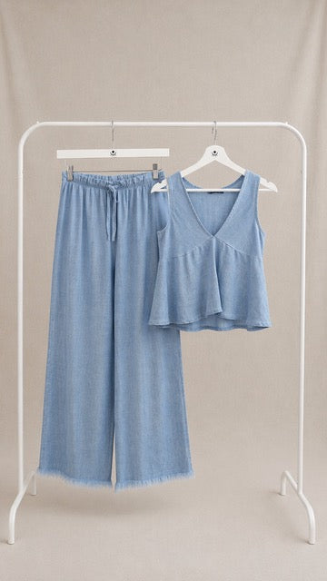 Pantalón de Lino Ancho y Fluido Azul