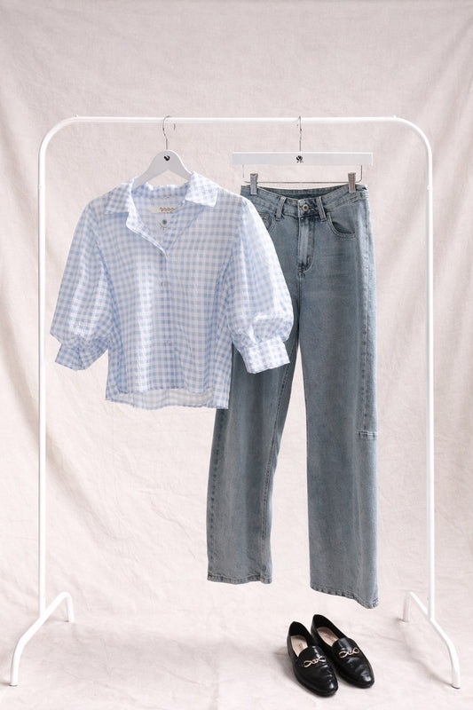 Blusa Transparente Texturizada con Cuadros Vichy Azul