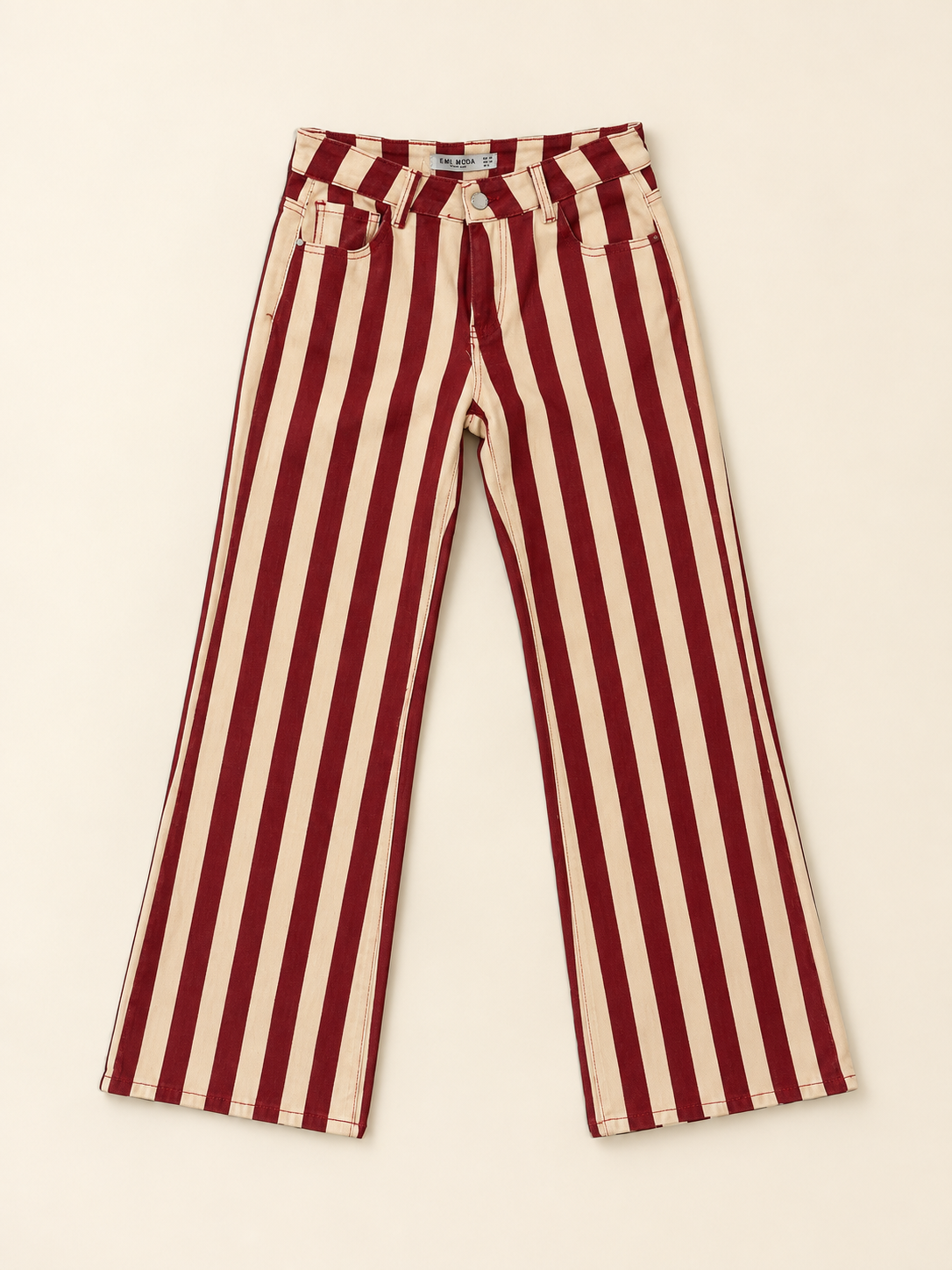 Pantalón Vaquero de Rayas Rojas y Beige para Mujer | Corte Recto
