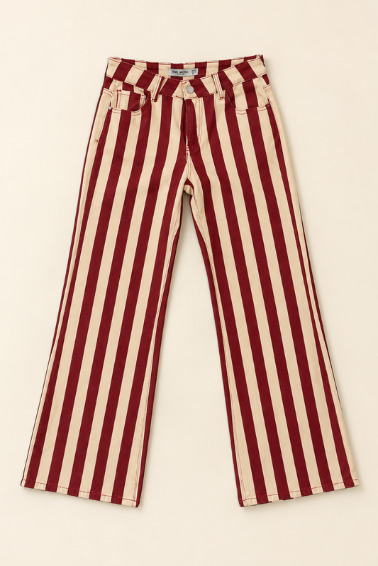 Pantalón Vaquero de Rayas Rojas y Beige para Mujer | Corte Recto