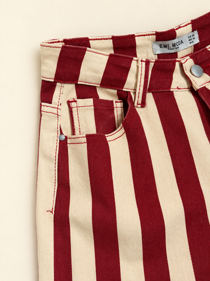 Pantalón Vaquero de Rayas Rojas y Beige para Mujer | Corte Recto