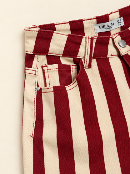 Pantalón Vaquero de Rayas Rojas y Beige para Mujer | Corte Recto