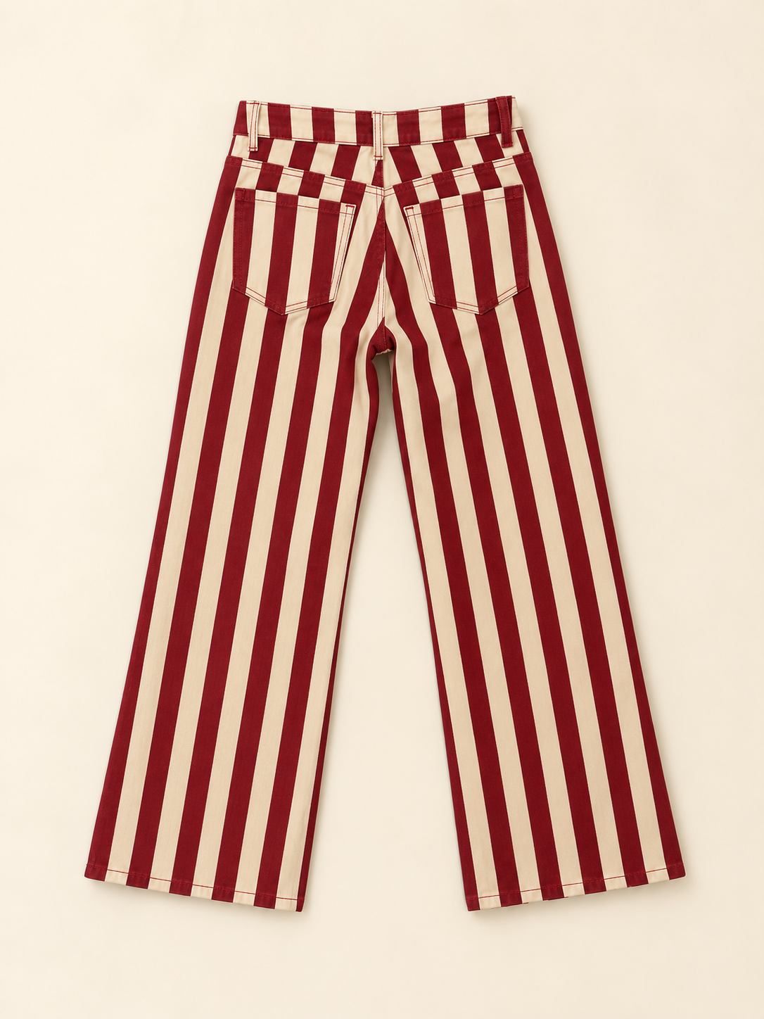 Pantalón Vaquero de Rayas Rojas y Beige para Mujer | Corte Recto