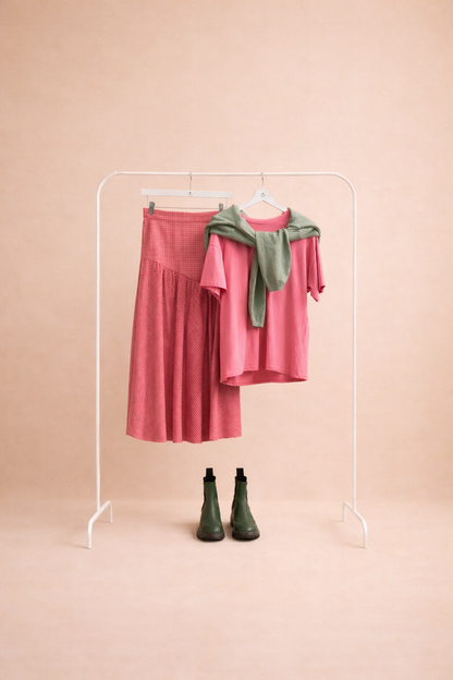 Falda Midi Cuadros con Vuelo Rosa
